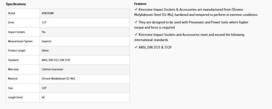 KINCROME K2393 HEX IMPACT 1/2D 3/8 X 60MM - Image 2