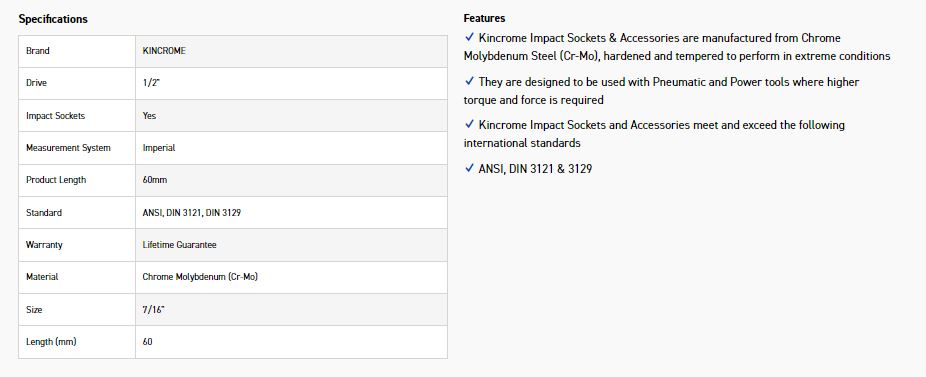 KINCROME K2394 HEX IMPACT 1/2D 7/16 X 60MM - Image 2
