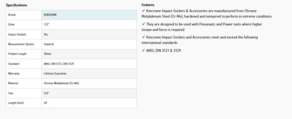 KINCROME K2398 HEX IMPACT 1/2D 3/4 X 78MM - Image 2