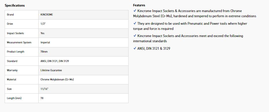 KINCROME K2399 HEX IMPACT 1/2D 11/16 X 78MM - Image 2