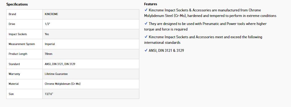 KINCROME K2400 HEX IMPACT 1/2D 13/16 X 78MM - Image 2