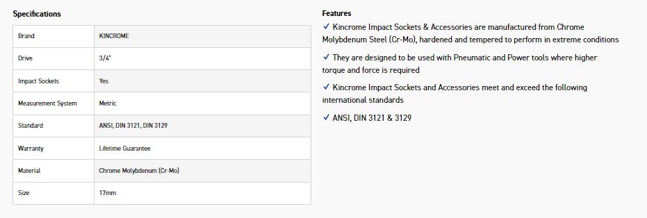 KINCROME K2401 IMPACT SKT 3/4DRV 17MM - Image 2