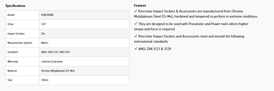 KINCROME K2402 IMPACT SKT 3/4DRV 18MM - Image 2