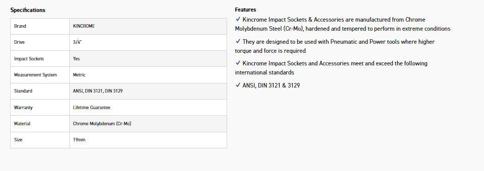 KINCROME K2403 IMPACT SKT 3/4DRV 19MM - Image 2