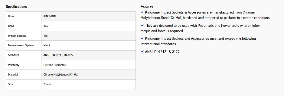 KINCROME K2404 IMPACT SKT 3/4DRV 20MM - Image 2