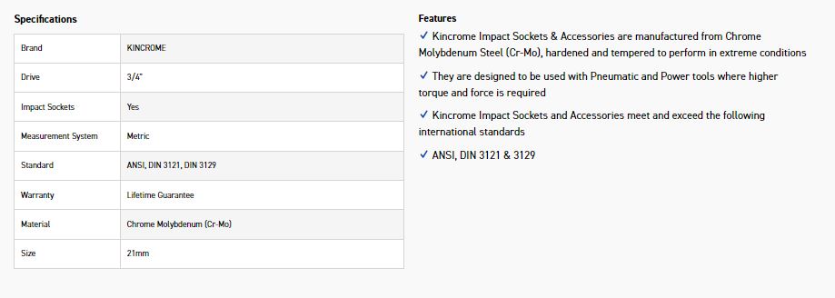 KINCROME K2405 IMPACT SKT 3/4DRV 21MM - Image 2