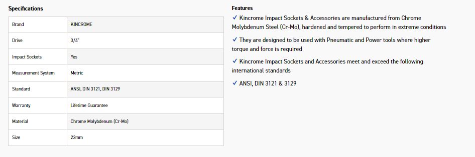 KINCROME K2406 IMPACT SKT 3/4DRV 22MM - Image 2