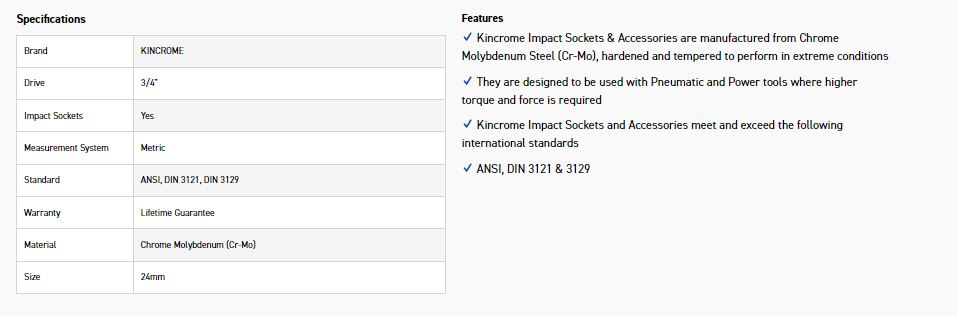 KINCROME K2408 IMPACT SKT 3/4DRV 24MM - Image 2