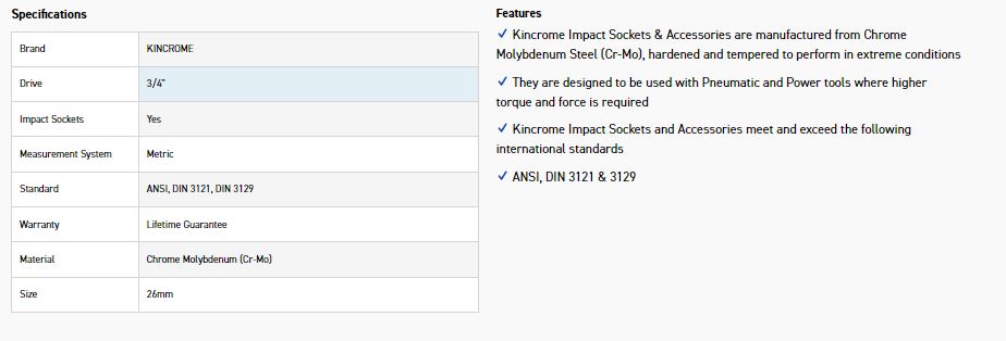 KINCROME K2410 IMPACT SKT 3/4DRV 26MM - Image 2