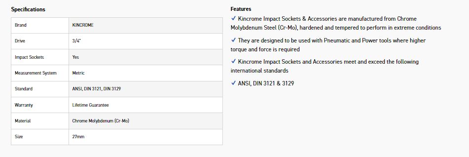 KINCROME K2411 IMPACT SKT 3/4DRV 27MM - Image 2