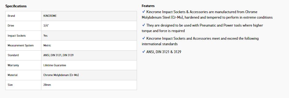 KINCROME K2412 IMPACT SKT 3/4DRV 28MM - Image 2