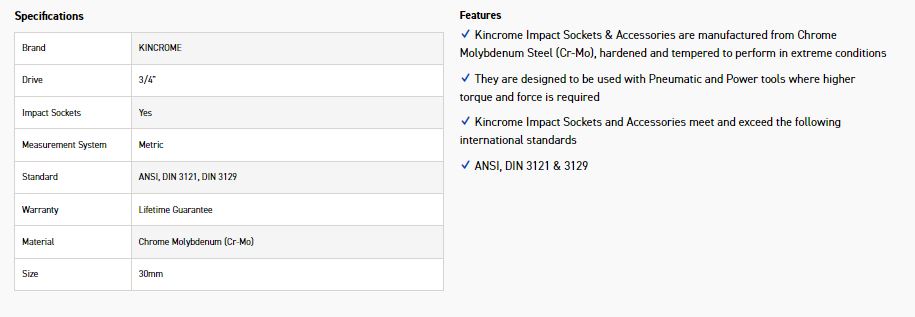 KINCROME K2414 IMPACT SKT 3/4DRV 30MM - Image 2