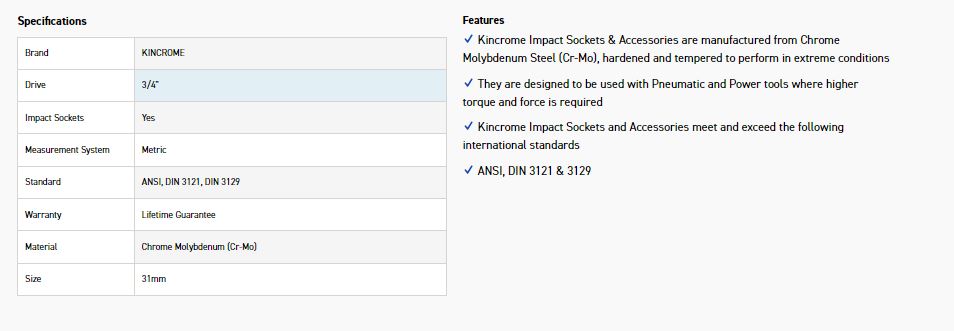 KINCROME K2415 IMPACT SKT 3/4DRV 31MM - Image 2