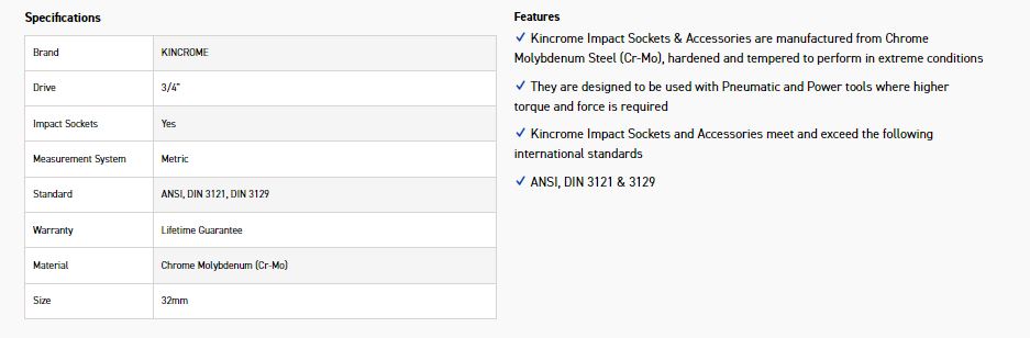 KINCROME K2416 IMPACT SKT 3/4DRV 32MM - Image 2