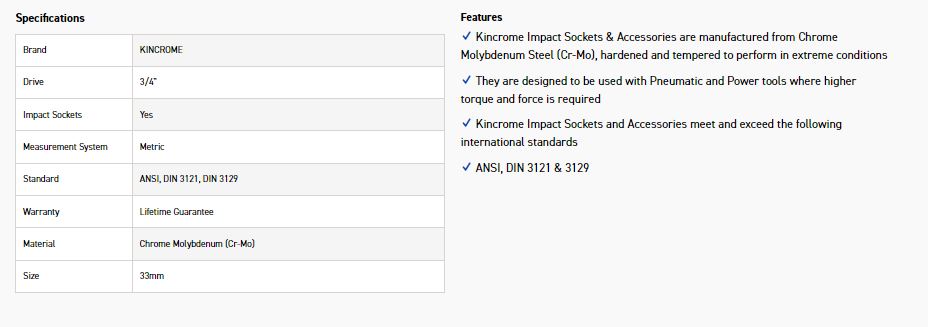 KINCROME K2417 IMPACT SKT 3/4DRV 33MM - Image 2