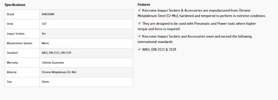KINCROME K2418 IMPACT SKT 3/4DRV 34MM - Image 2