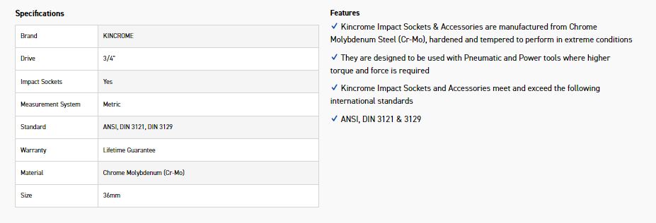KINCROME K2420 IMPACT SKT 3/4DRV 36MM - Image 2