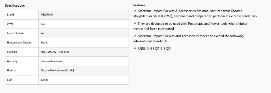KINCROME K2421 IMPACT SKT 3/4DRV 37MM - Image 2