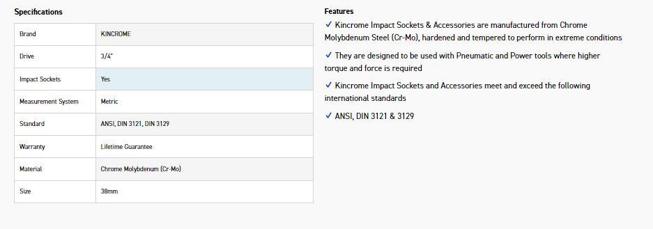 KINCROME K2422 IMPACT SKT 3/4DRV 38MM - Image 2