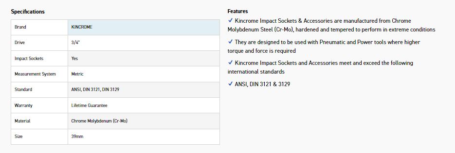 KINCROME K2423 IMPACT SKT 3/4DRV 39MM - Image 2