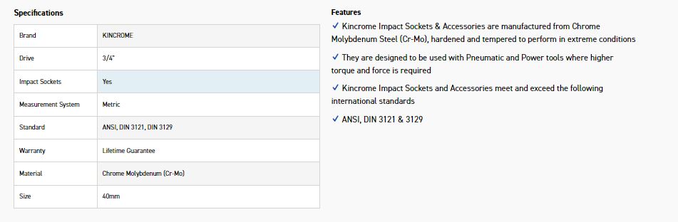 KINCROME K2424 IMPACT SKT 3/4DRV 40MM - Image 2