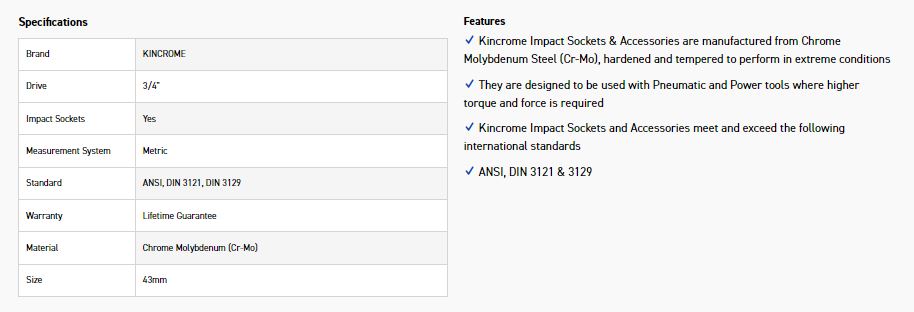 KINCROME K2427 IMPACT SKT 3/4DRV 43MM - Image 2