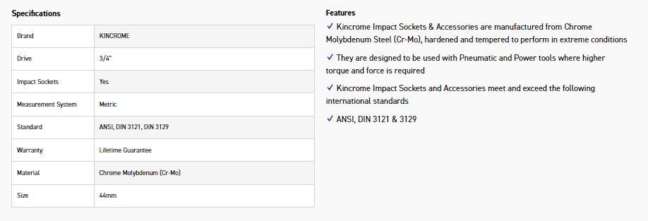 KINCROME K2428 IMPACT SKT 3/4DRV 44MM - Image 2