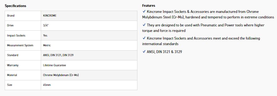KINCROME K2429 IMPACT SKT 3/4DRV 45MM - Image 2