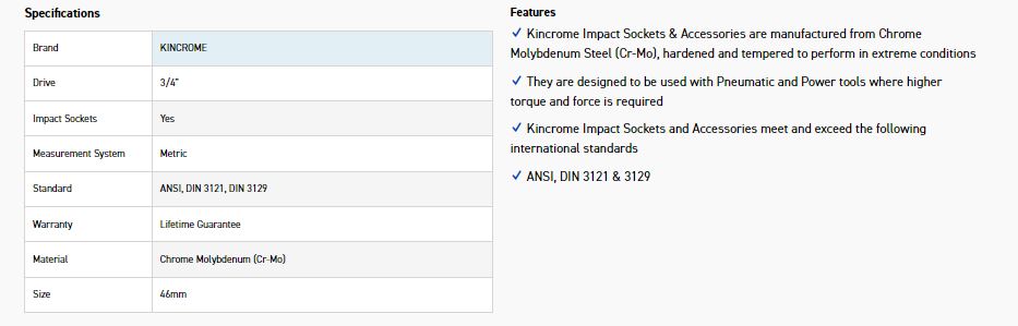 KINCROME K2430 IMPACT SKT 3/4DRV 46MM - Image 2