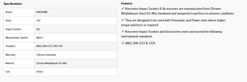 KINCROME K2438 IMPACT SKT 3/4DRV 54MM - Image 2