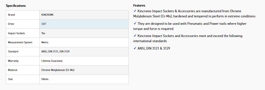 KINCROME K2442 IMPACT SKT 3/4DRV 58MM - Image 2