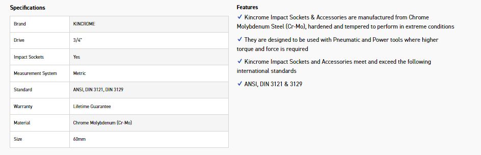 KINCROME K2444 IMPACT SKT 3/4DRV 60MM - Image 2