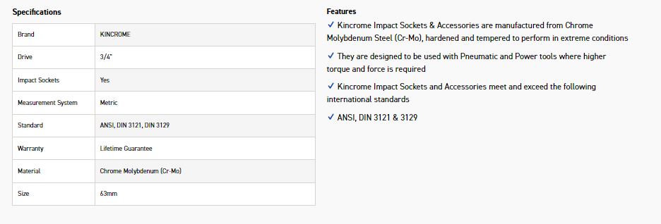 KINCROME K2445 IMPACT SKT 3/4DRV 63MM - Image 2