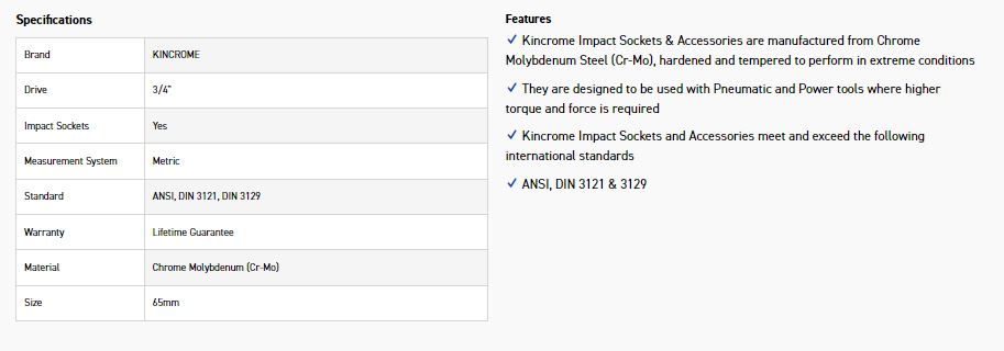 KINCROME K2446 IMPACT SKT 3/4DRV 65MM - Image 2