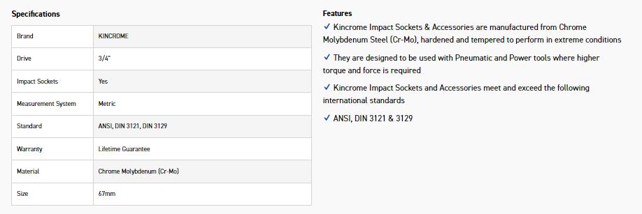 KINCROME K2447 IMPACT SKT 3/4DRV 67MM - Image 2