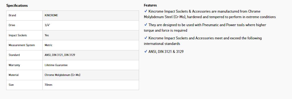 KINCROME K2448 IMPACT SKT 3/4DRV 70MM - Image 2