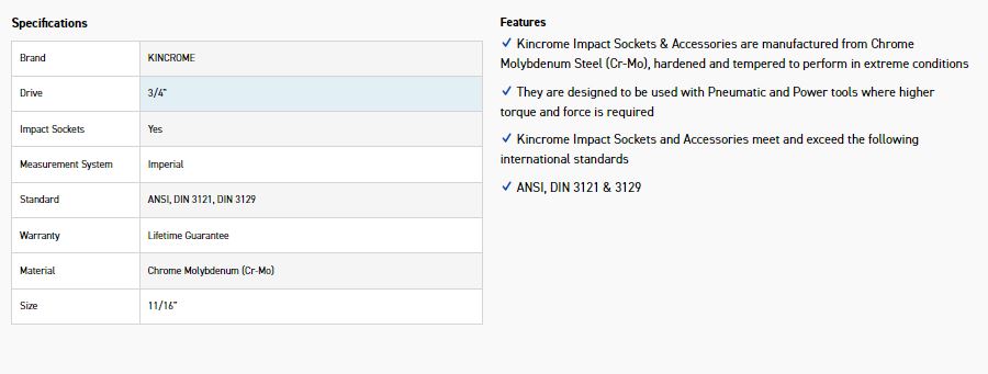 KINCROME K2449 IMPACT SKT 3/4DRV 11/16 - Image 2