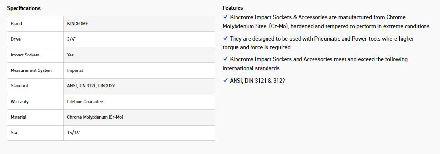 KINCROME K2453 IMPACT SKT 3/4DRV 15/16 - Image 2