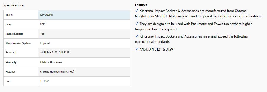 KINCROME K2455 IMPACT SKT 3/4DRV 1-1/16 - Image 2