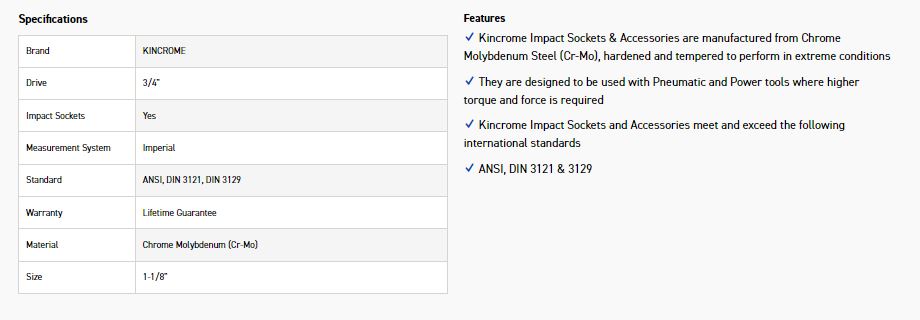 KINCROME K2456 IMPACT SKT 3/4DRV 1-1/8 - Image 2