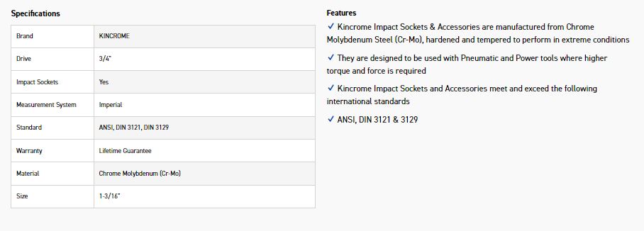 KINCROME K2457 IMPACT SKT 3/4DRV 1-3/16 - Image 2