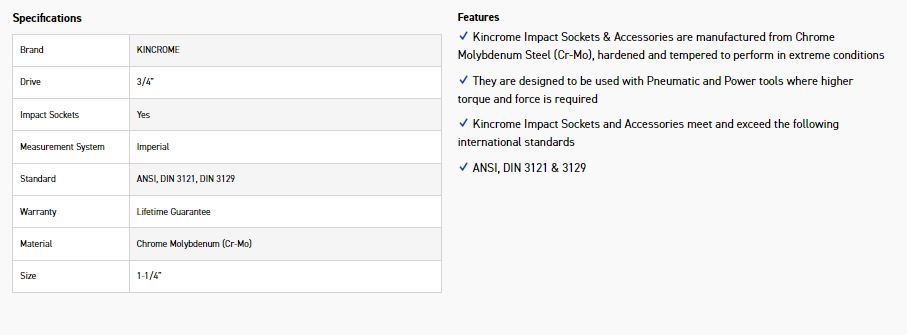 KINCROME K2458 IMPACT SKT 3/4DRV 1-1/4 - Image 2
