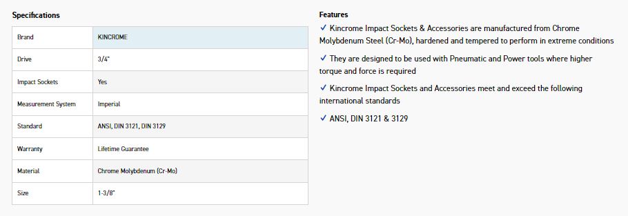 KINCROME K2460 IMPACT SKT 3/4DRV 1-3/8 - Image 2