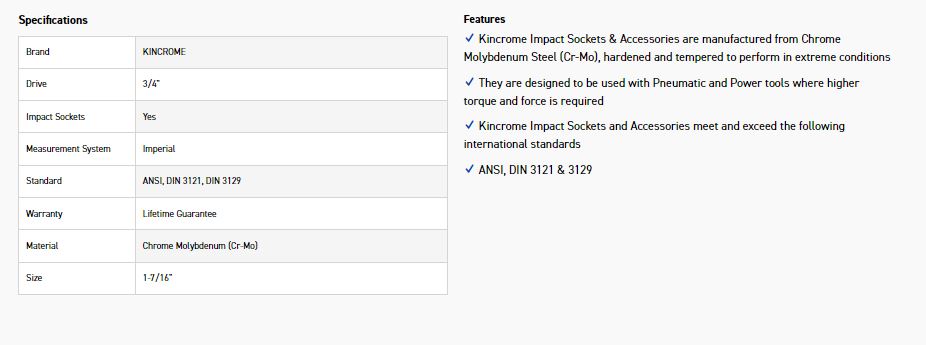KINCROME K2461 IMPACT SKT 3/4DRV 1-7/16 - Image 2