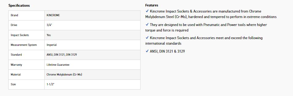 KINCROME K2462 IMPACT SKT 3/4DRV 1-1/2 - Image 2