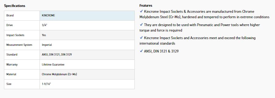 KINCROME K2463 IMPACT SKT 3/4DRV 1-9/16 - Image 2