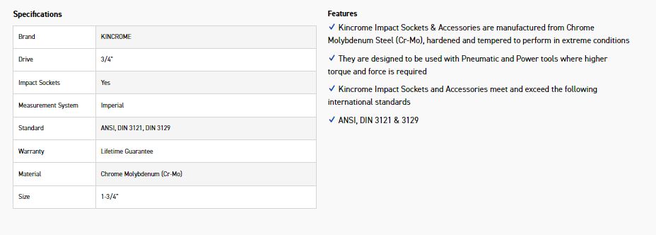 KINCROME K2466 IMPACT SKT 3/4DRV 1-3/4 - Image 2