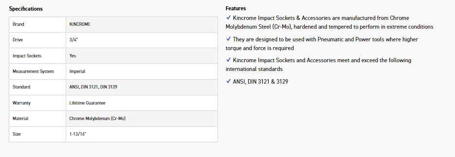 KINCROME K2467 IMPACT SKT 3/4DRV 1-13/16 - Image 2