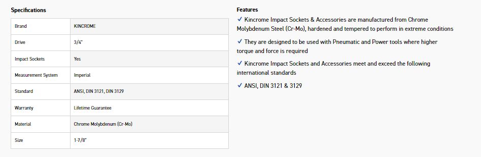 KINCROME K2468 IMPACT SKT 3/4DRV 1-7/8 - Image 2
