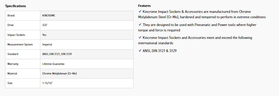 KINCROME K2469 IMPACT SKT 3/4DRV 1-15/16 - Image 2